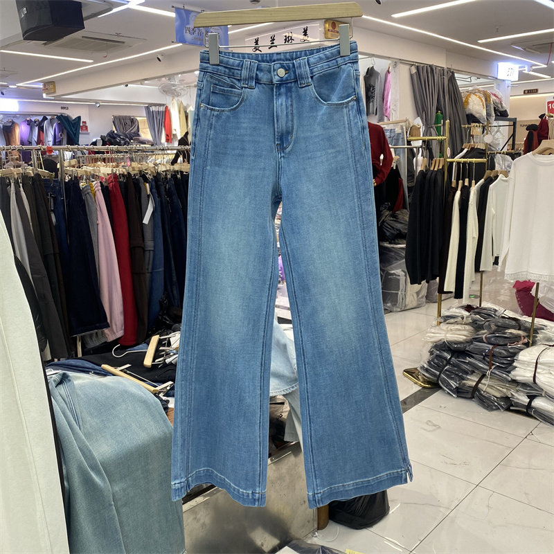 ZMJ6951早春款高腰筒微喇牛仔裤女宽松显瘦弹力蓝色开叉长裤复古