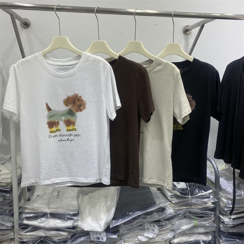 韩式2026夏款卡通风小狗印花短袖T恤女宽松可爱减龄圆领短款上衣