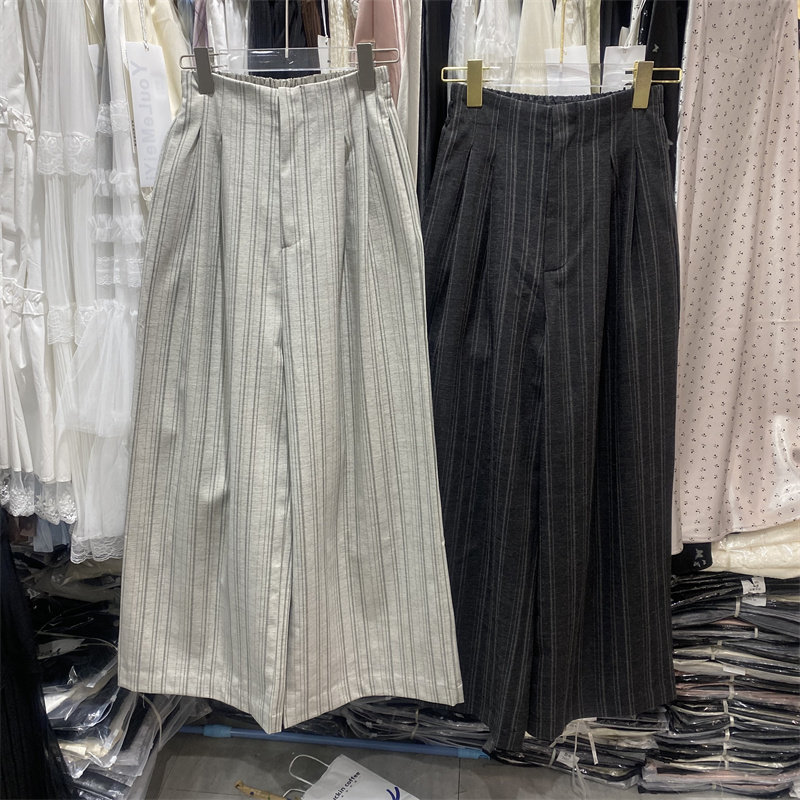 YLMY1901春款复古条纹高腰阔腿裤女百搭显瘦休闲西装裤宽松长裤子