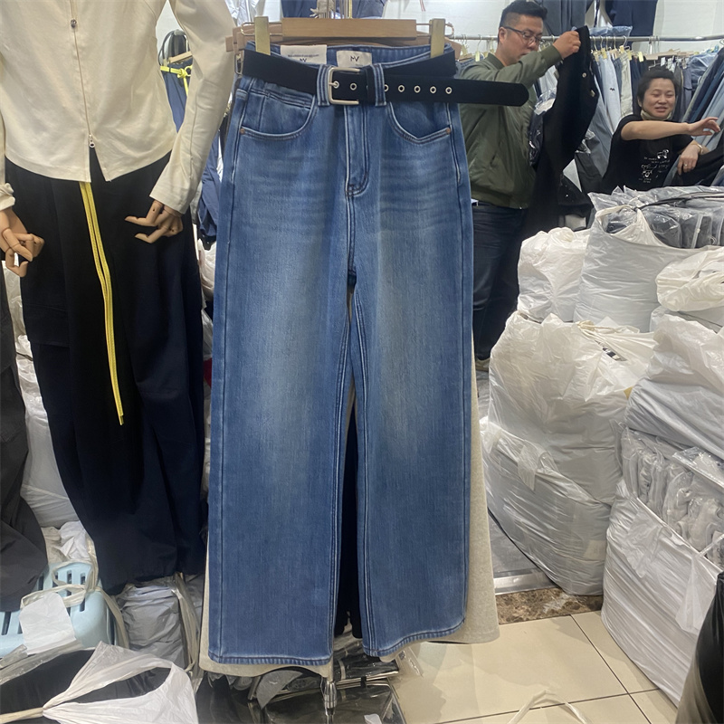 高腰直筒牛仔裤蓝色显瘦复古长裤