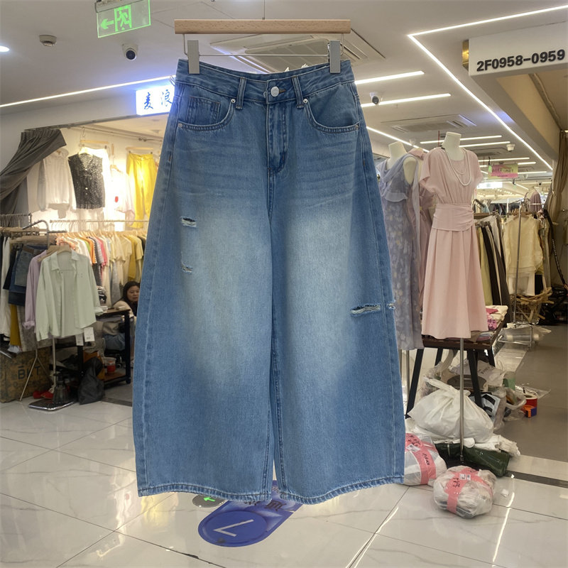 DMJ7318新款高腰破洞弯刀裤女夏款牛仔裤宽松显瘦蓝色薄款八分裤