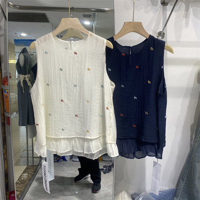 夏款无袖刺绣木耳边显瘦女衬衫