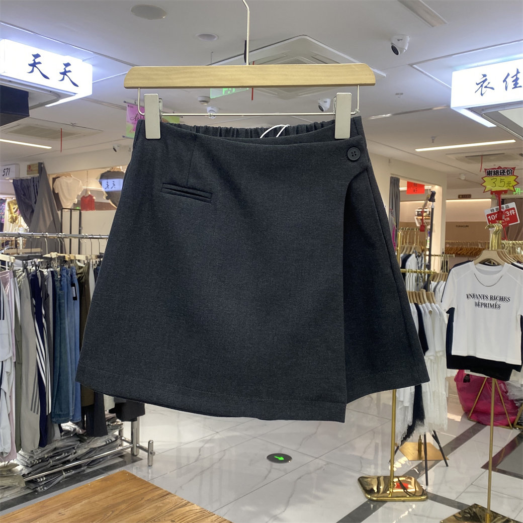 纽芮高腰A字侧扣黑色短裙裤秋款