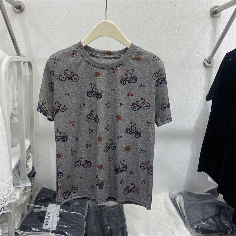 韩版2026夏款复古自行车印花短袖T恤女圆领显瘦百搭减龄上衣