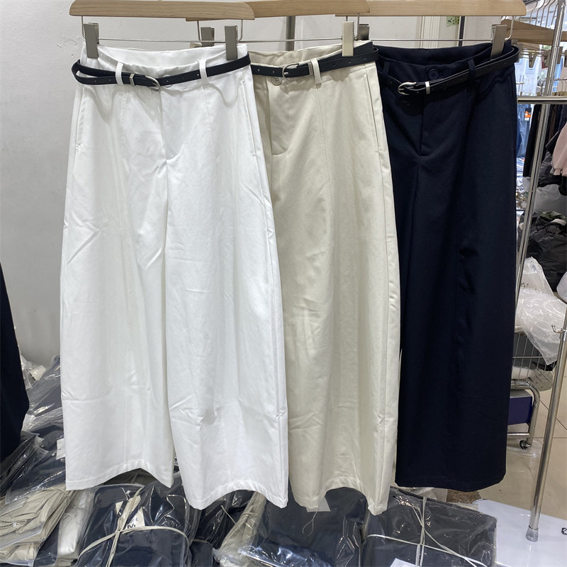 欧货26003春款高腰配腰带阔腿裤女宽松百搭直筒通勤简约风九分裤