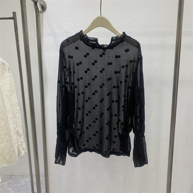 法式2026女春黑色波点网纱长袖T恤薄款设计感小众打底衫透视上衣