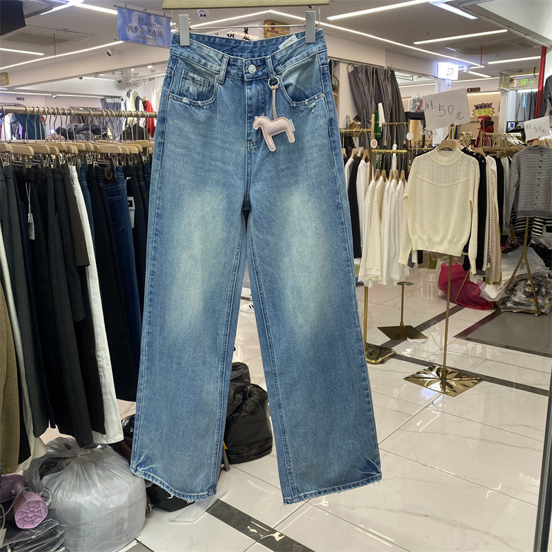 TOP9166春款高腰水洗阔腿牛仔裤女宽松直筒蓝色显瘦百搭拖地长裤
