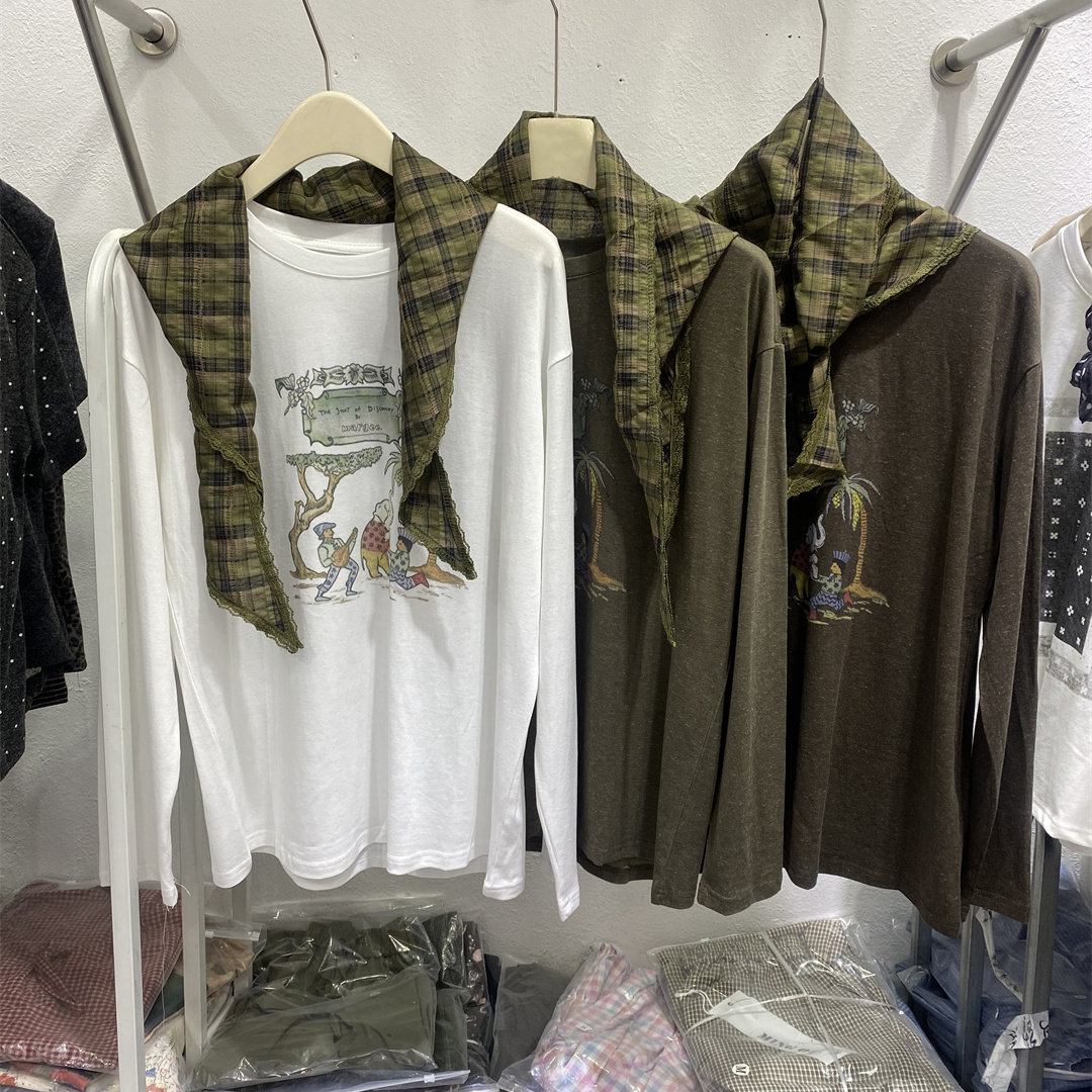 度假风卡通印花长袖T恤女披肩