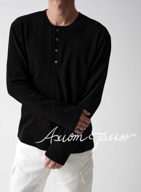 AXIOM TAILOR 羊毛天丝柔软修身开领长袖打底衫T恤男亨利领