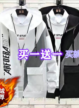青少加绒加厚外套加连帽保暖夹克