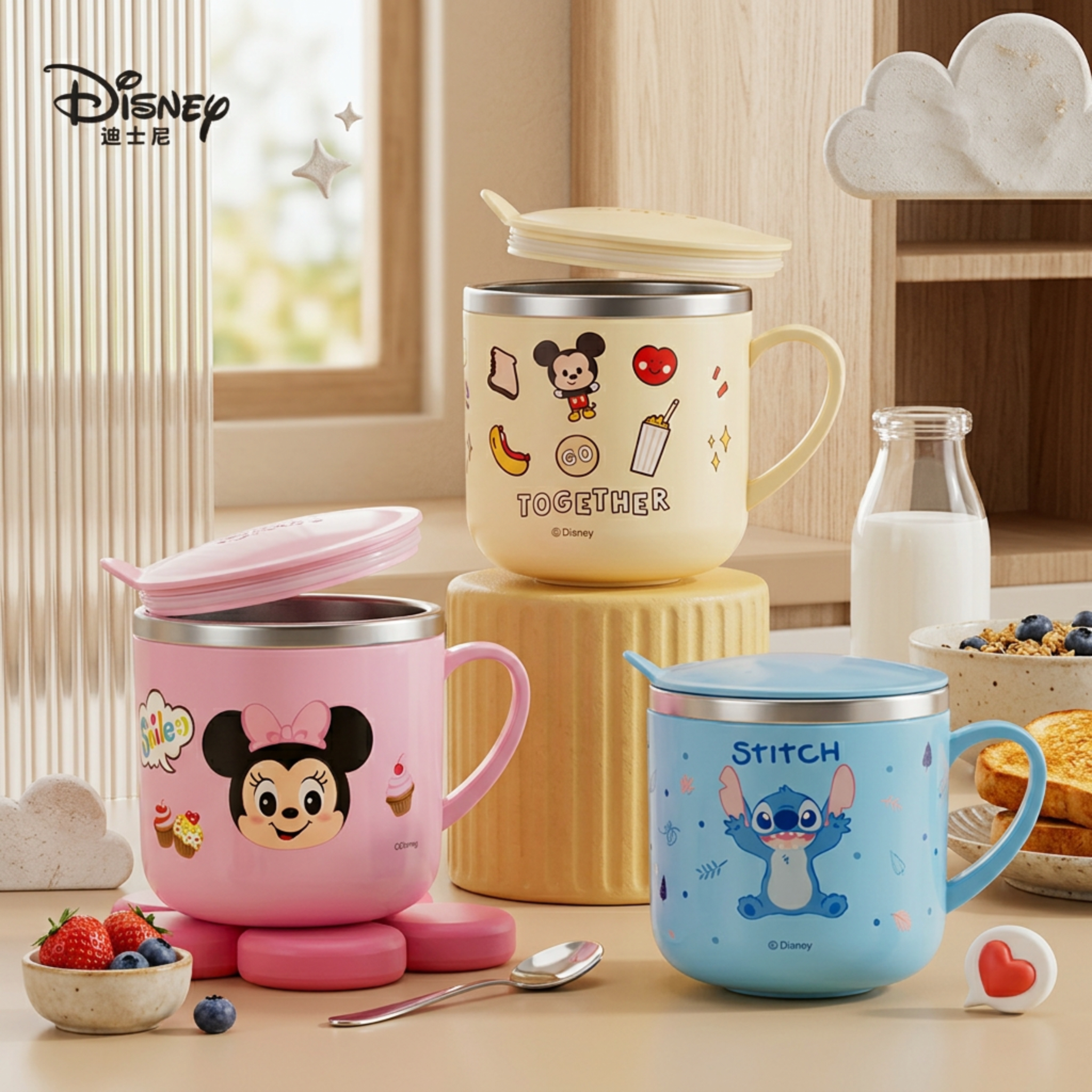 迪士尼儿童水杯家用不锈钢牛奶杯带刻度宝宝早餐杯吸管直饮口杯子