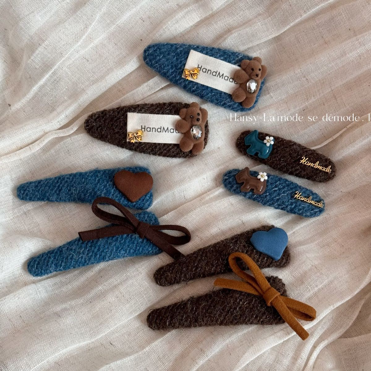 秋冬斜纹布艺发夹小熊爱心水滴发卡高级感刘海侧边夹bb夹发饰头饰