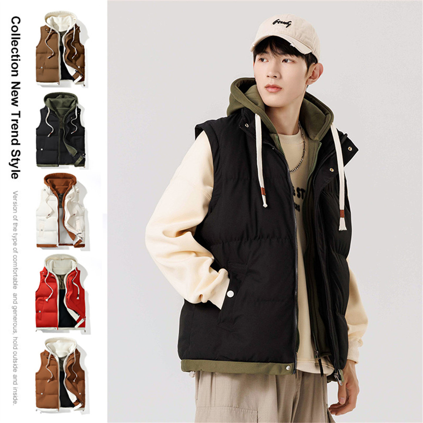 潮牌假两件连帽马甲男女秋冬季加厚保暖背心青年情侣休闲棉衣外套,男装,常规马甲,淘宝优惠券,粉丝福利购,淘宝优惠卷