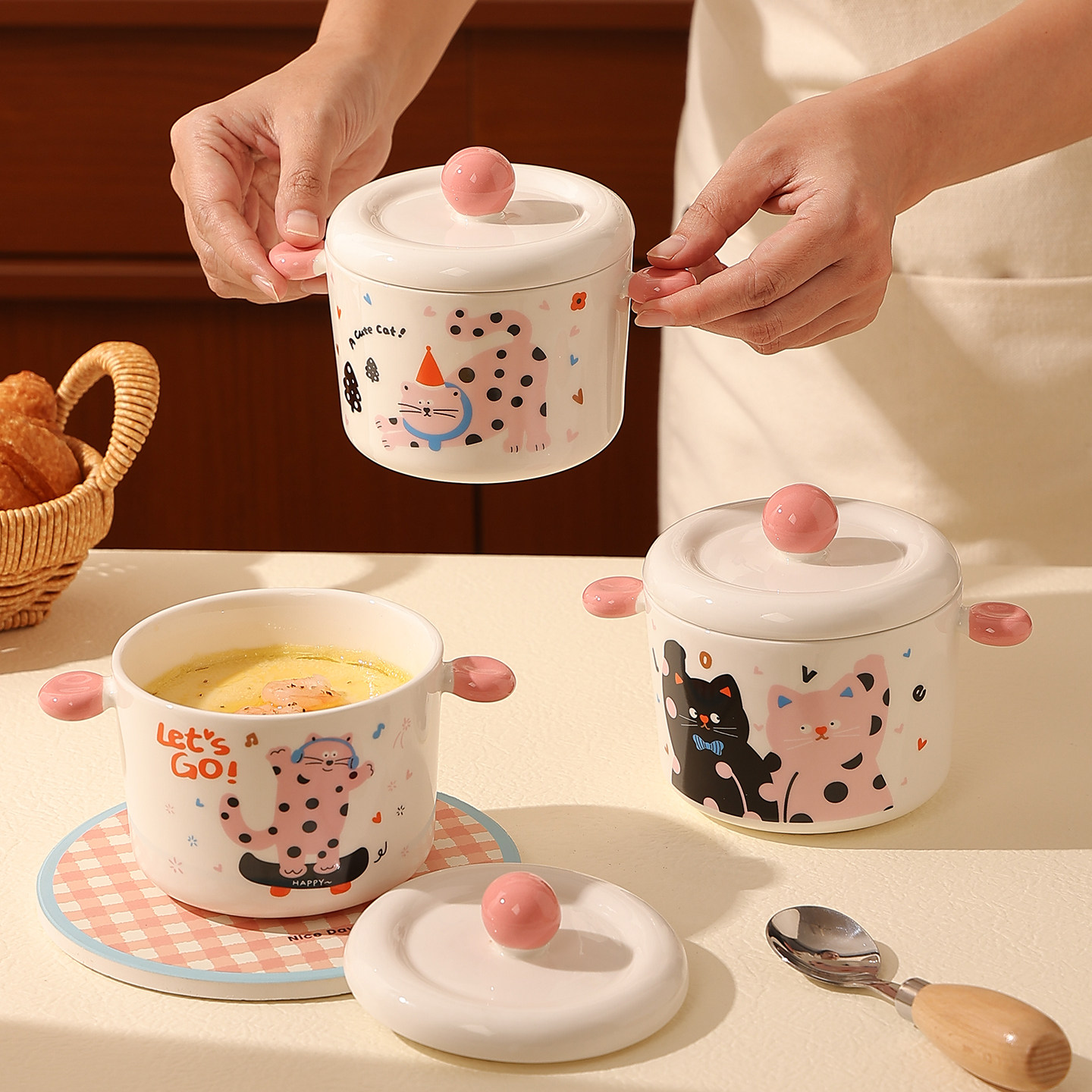 喜糯糯陶瓷蒸蛋碗煲汤炖罐带盖隔水炖盅特别好看汤盅高颜值鸡蛋羹