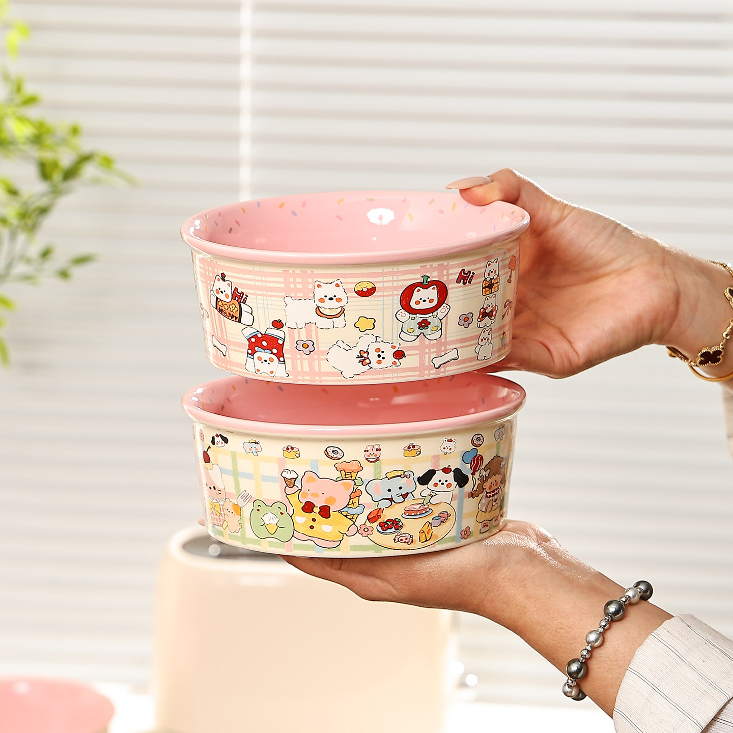 粉色乐园酸奶碗家用可爱沙拉碗大容量泡面碗釉下彩陶瓷零食薯条碗,餐饮具,碗,淘宝优惠券,粉丝福利购,淘宝优惠卷
