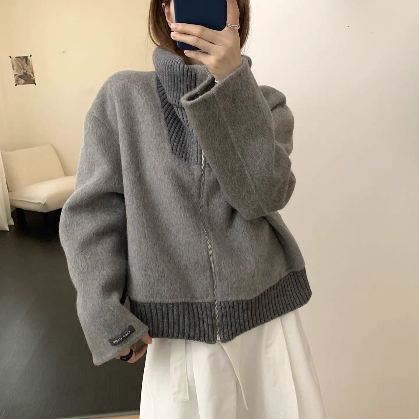 秋冬100%绵羊毛高领拉链外套女