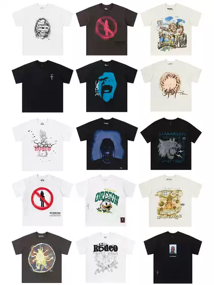 Trendy Brand Travis Scott Collaboration High Street American Style Heavyweight Loose Hip-Hop Ts Short-Sleeve Unisex Couple T-Shirt