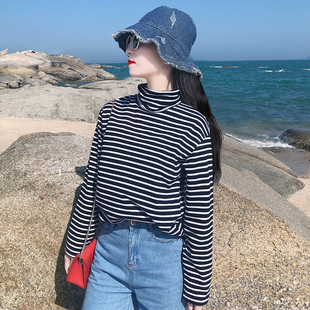chic韩风别致法式欧美风上衣秋冬减龄高领条纹纯棉长袖打底衫女