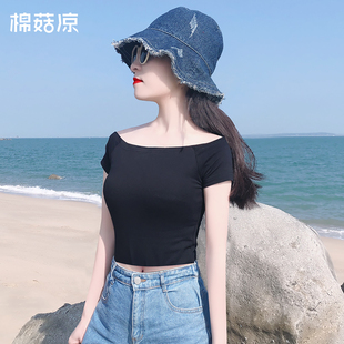夏款女装2026年新款辣妹短袖一字领露脐T恤短款高腰纯棉纯欲上衣