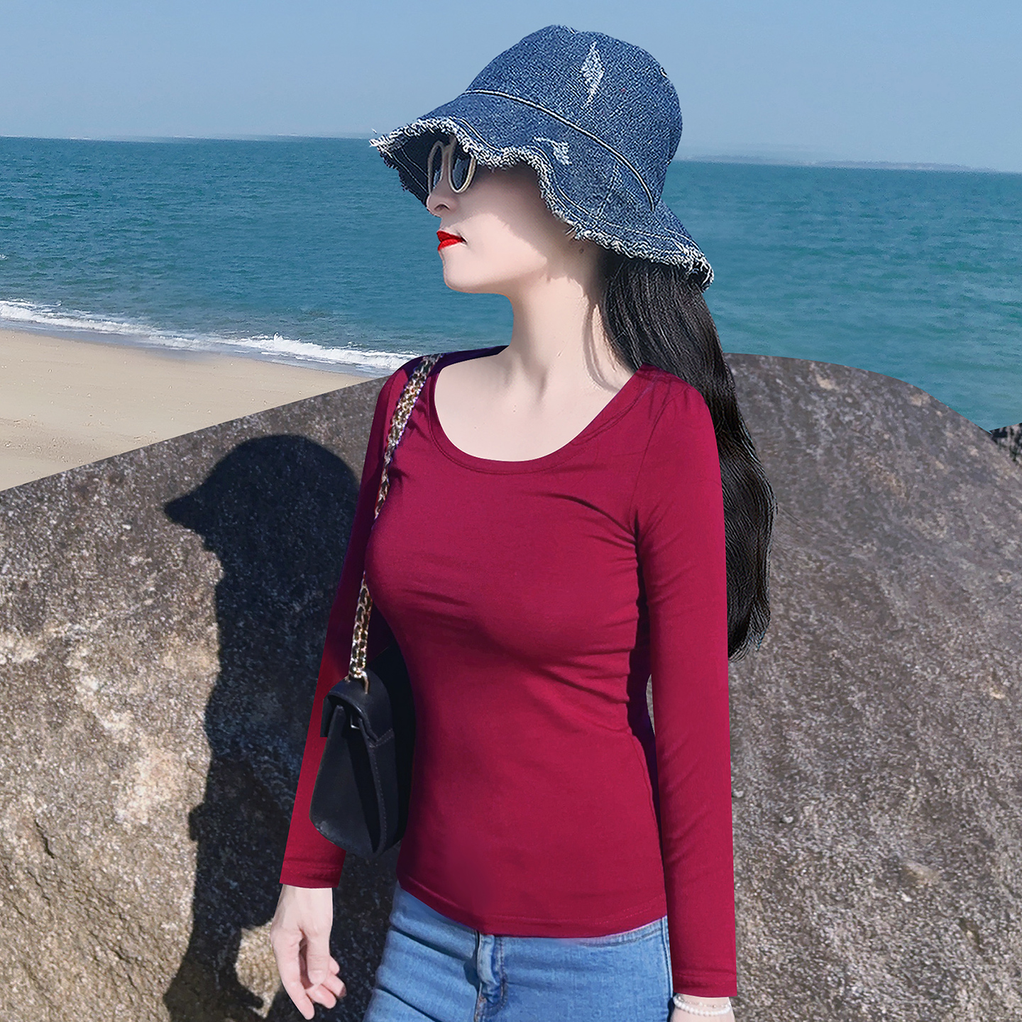酒红色圆领纯棉修身长袖T恤女