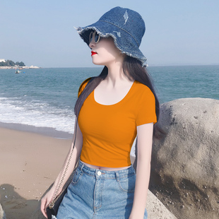 别致漂亮新款夏季短袖圆领露脐短款桔红色纯棉T恤女气质短款上衣