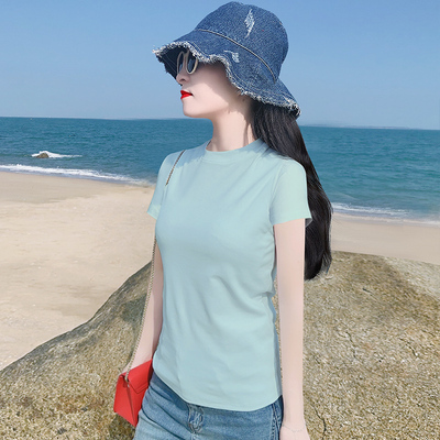 蓝绿色螺纹棉高品质短袖T恤女