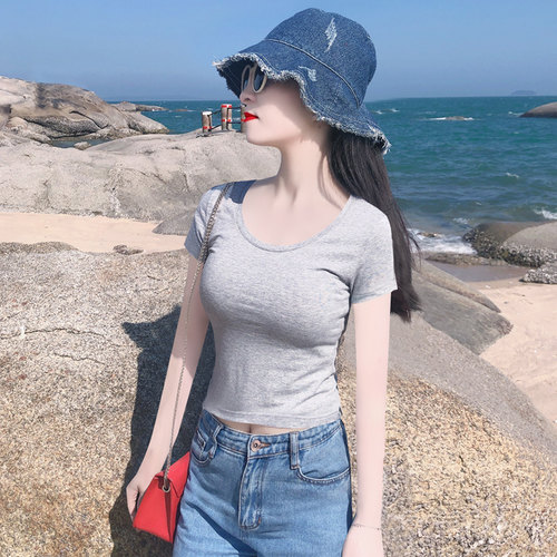 灰色大圆领纯棉露脐修身短袖