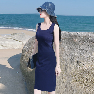 夏季 长内搭打底连衣裙外穿女 显白藏青色U领吊带背心螺纹棉修身