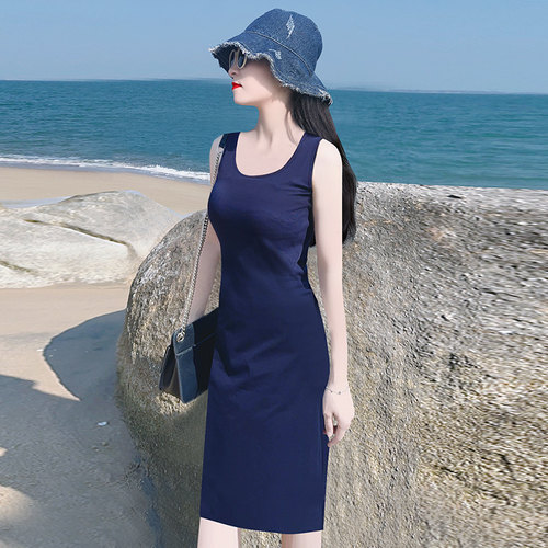 藏青色双U领螺纹棉修身连衣裙