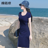 显白藏青色中长款 短袖 法式 夏季 连衣裙子女修身 显瘦圆领过膝打底裙