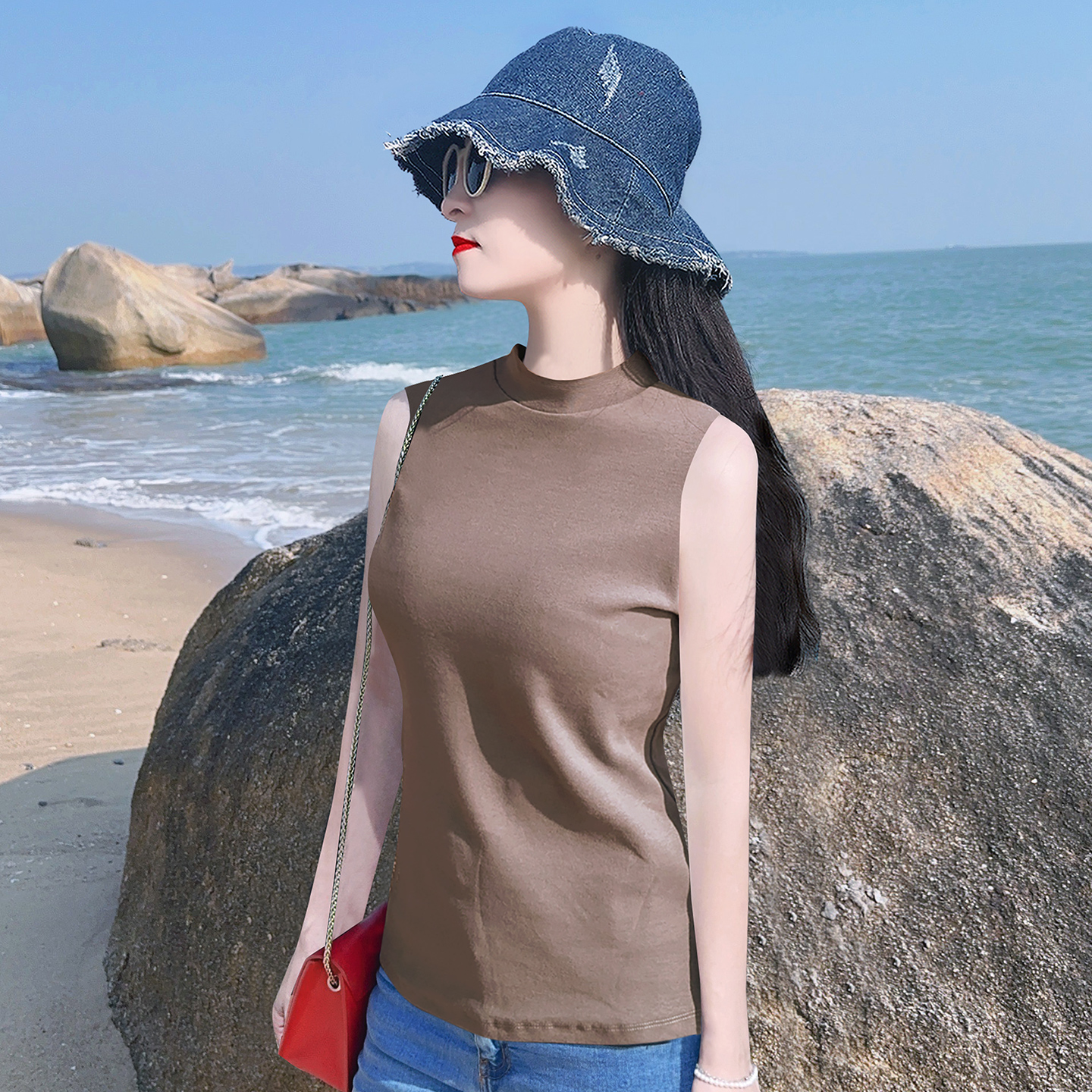 加厚纯棉卡其色中高领修身背心女