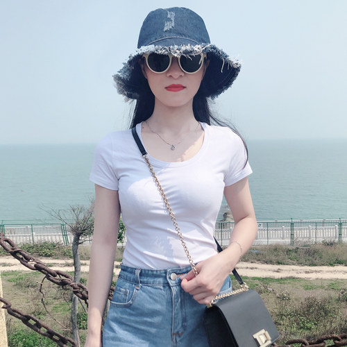 低领紧身白色短袖t恤女