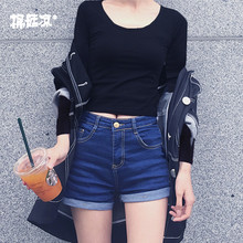 学生露脐装 上衣 打底衫 t恤女圆领黑色高腰漏肚脐个性 露脐长袖 短款