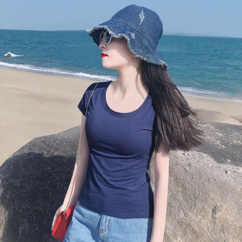 藏青色纯棉大圆领短袖T恤女上衣