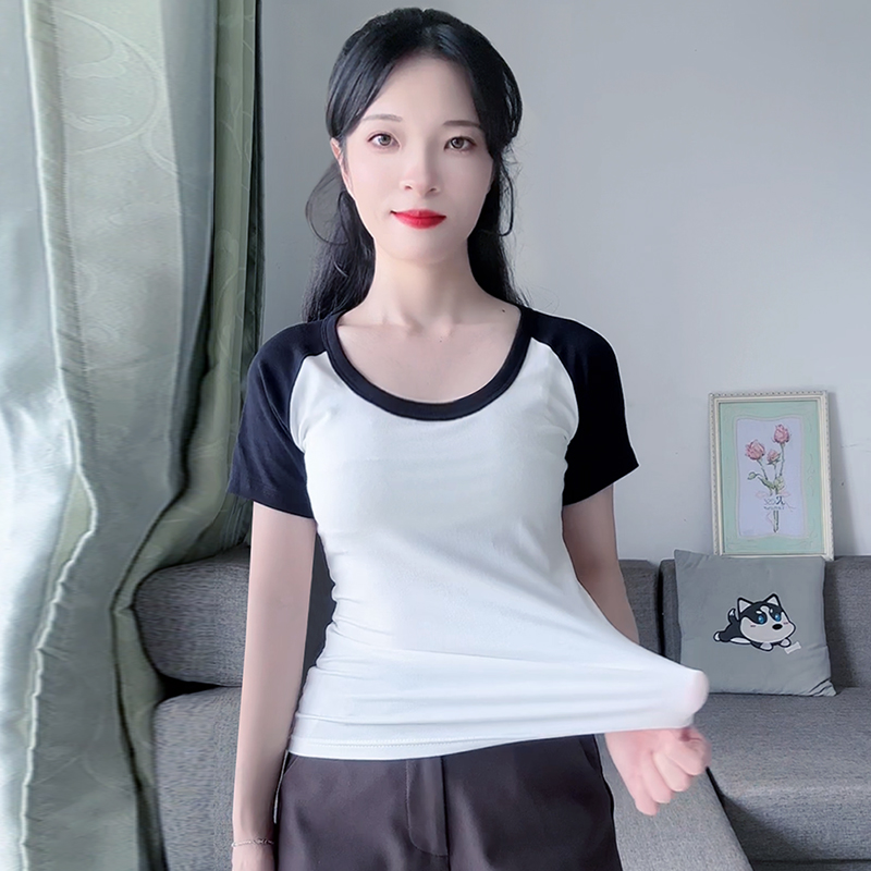 圆领拼接插肩修身短袖T恤女