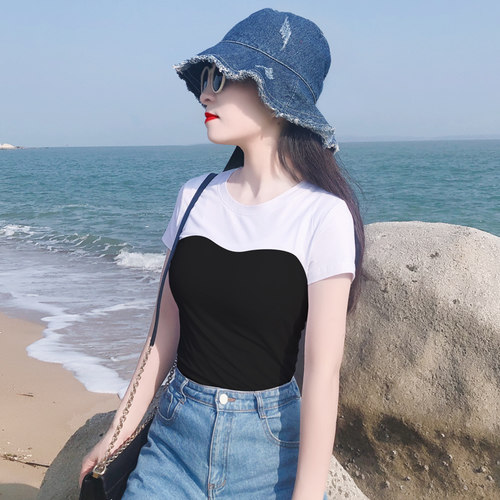 韩版原创定制款假两件短袖T恤女