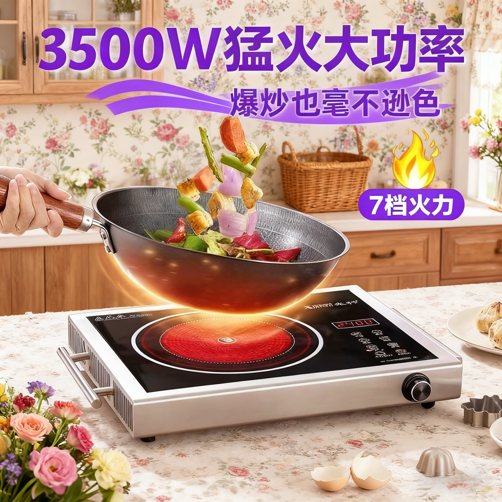 家用七环电陶炉3500W大功率多功能爆炒炉不挑锅防水智能电磁炉