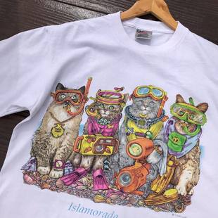 宽松大码 潮流休闲半袖 T恤 t恤男女夏季 潮牌小猫小狗潜水员印花短袖