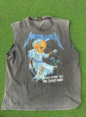 Metalica 美式乐队夏季重磅大码oversize T-shirt砍袖t恤男女同款