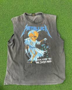 Metalica 美式乐队夏季重磅大码oversize T-shirt砍袖t恤男女同款