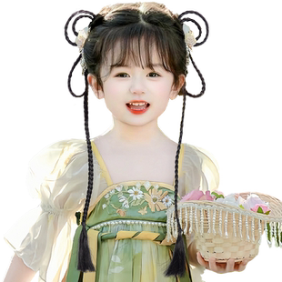 儿童汉服假发头饰一体式古装女盘发发髻演出造型中国风小辫子发夹