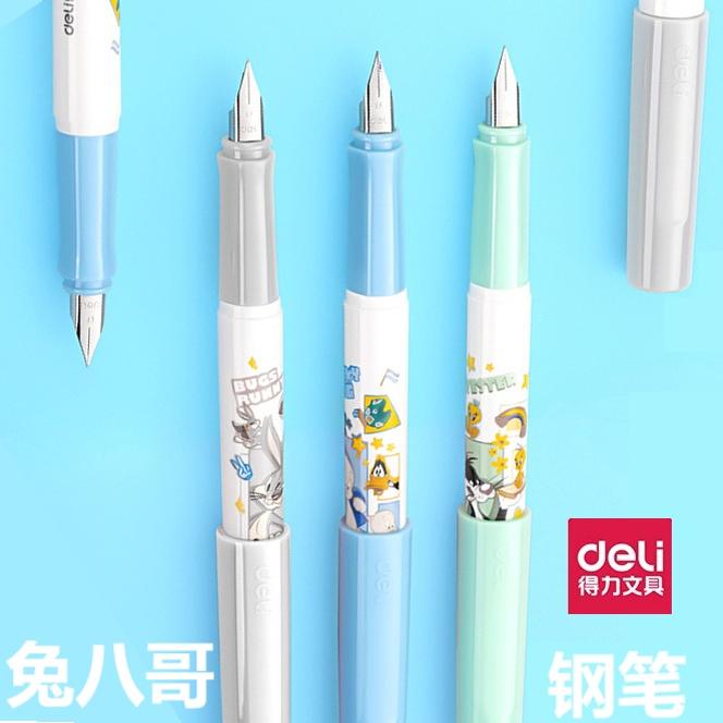 得力兔八哥练字钢笔 EF明尖可擦纯蓝墨囊小学生专用套装初学者可换墨囊deli联名款书法三年级SF503