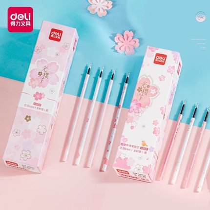 得力0.38mm按动0.5mm拔帽中性笔芯中性替芯全针管ST加强型针管笔头顺畅快干书写黑色樱花中性芯替换光樱下