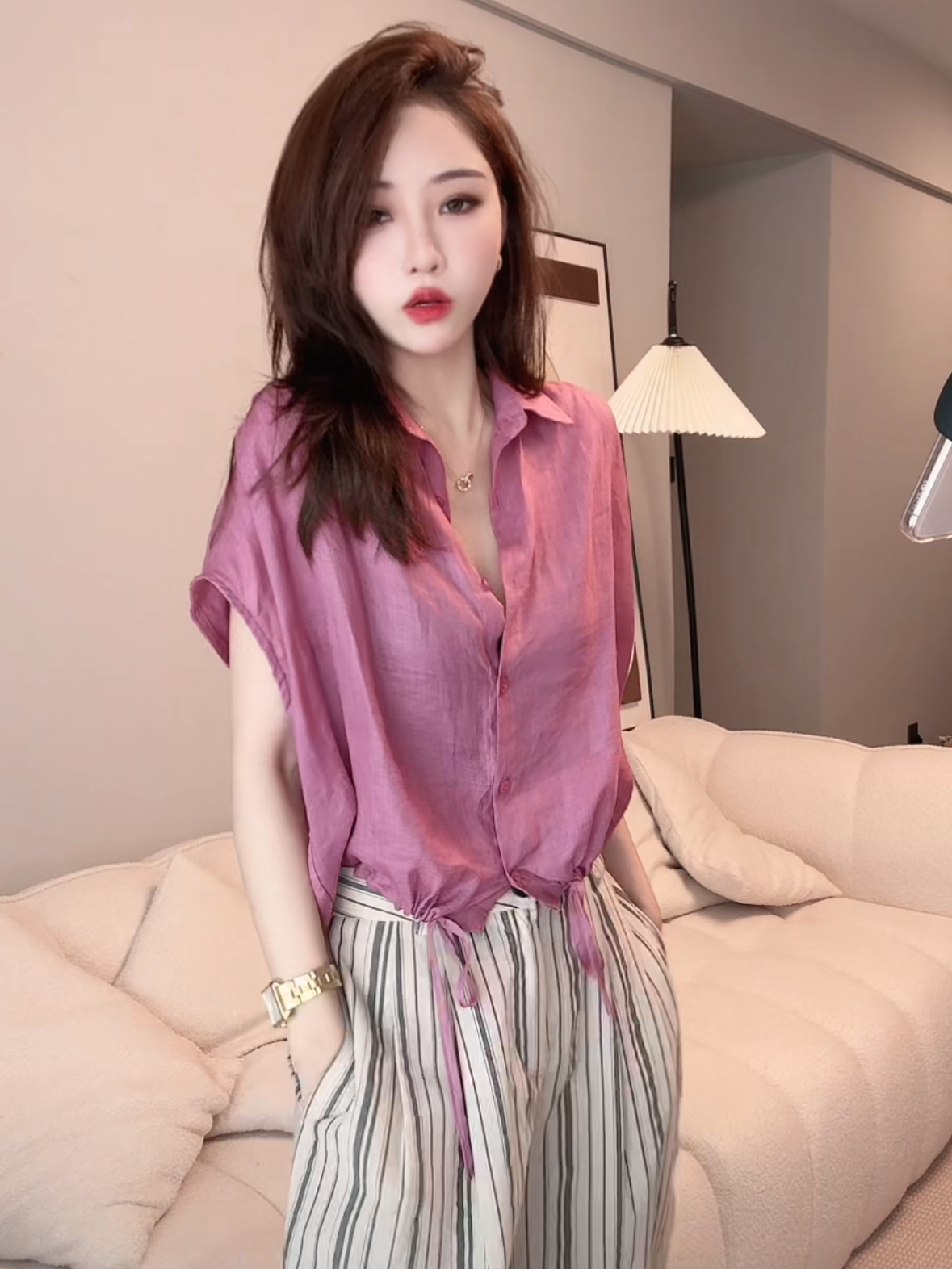 下摆抽绳苎麻衬衫女夏季冰凉