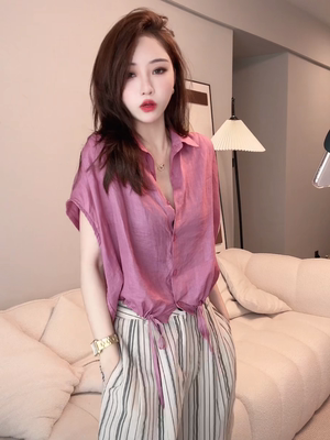 下摆抽绳苎麻衬衫女夏季冰凉