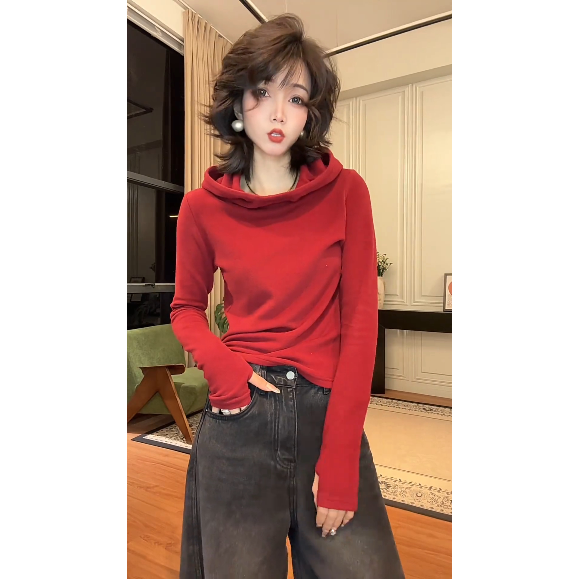 本命年红色双面德绒连帽卫衣女2025冬季新款漂亮保暖打底帽衫上衣