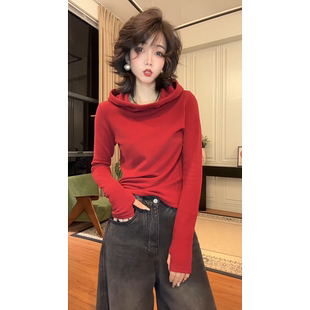 本命年红色双面德绒连帽卫衣女2025冬季新款漂亮保暖打底帽衫上衣