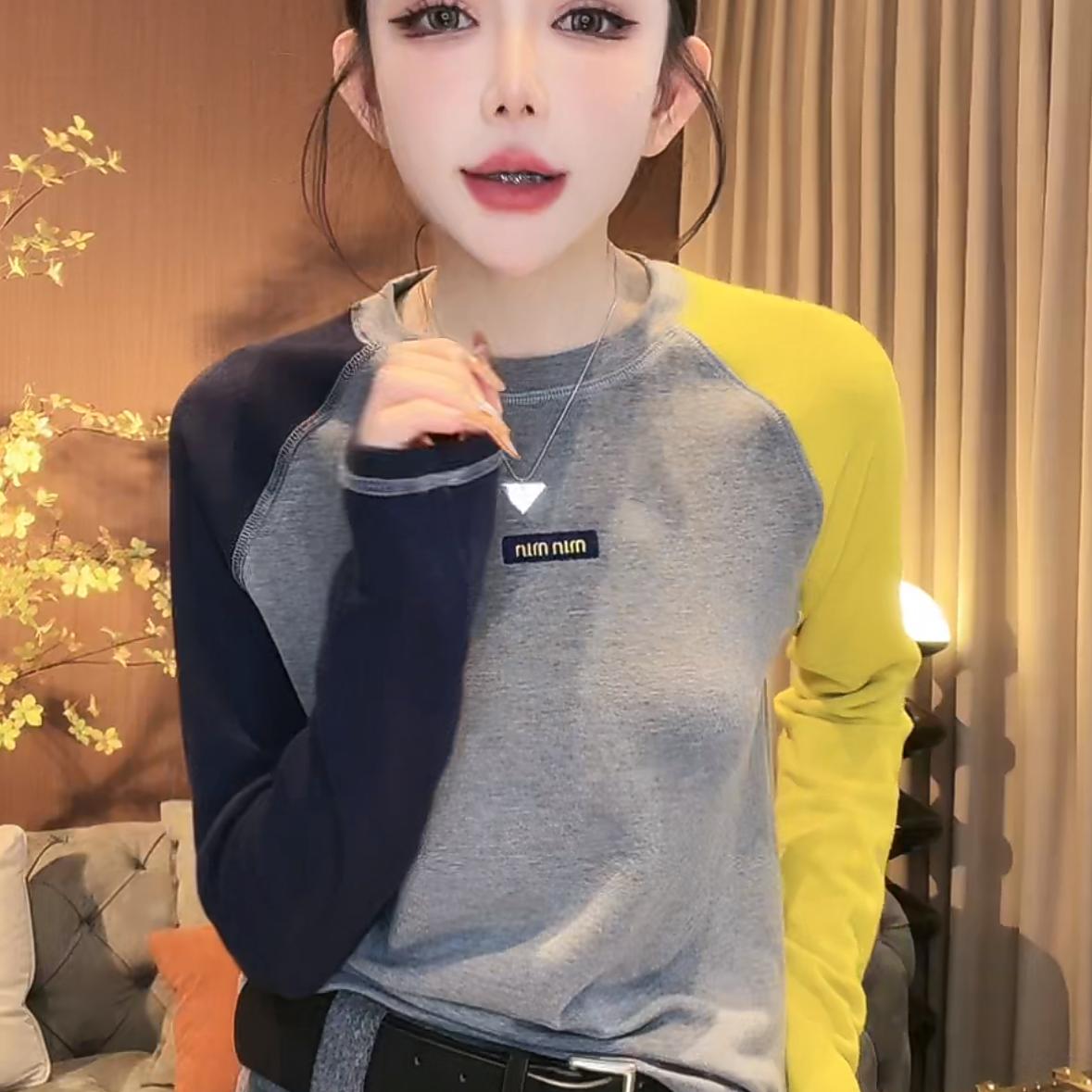 欧货磨毛拼色打底长袖T恤女秋冬2024年新款个性彩色保暖休闲上衣