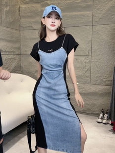 欧货时髦炸街假两件拼接牛仔连衣裙女2023夏时尚宽松显瘦开叉长裙