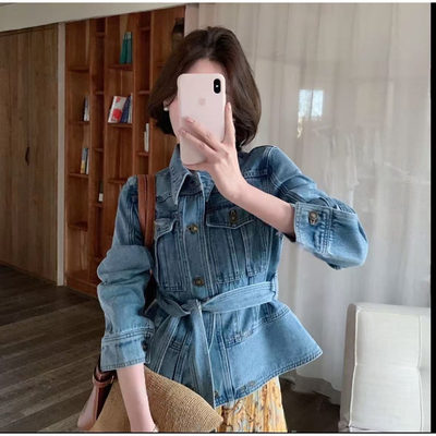 小个子阔气轻奢洗水牛仔外套女2026春夏新款收腰系带夹克百搭上衣